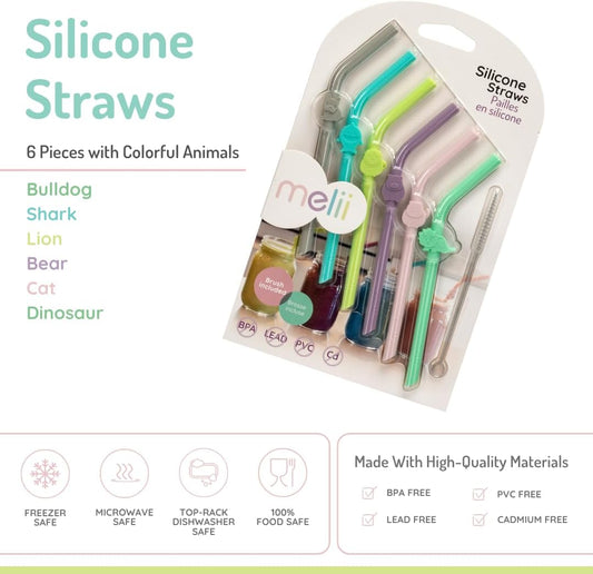 Silicone Straws 6 pc Set w. Cleaning Brush (Bulldog, Lion, Bear, Shark, Cat, Dino) (6pc/inner)