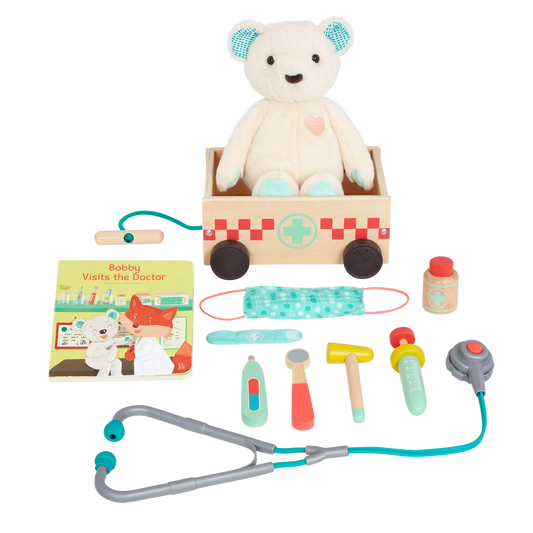WOODEN DOCTOR KIT WITH PLUSH BEAR