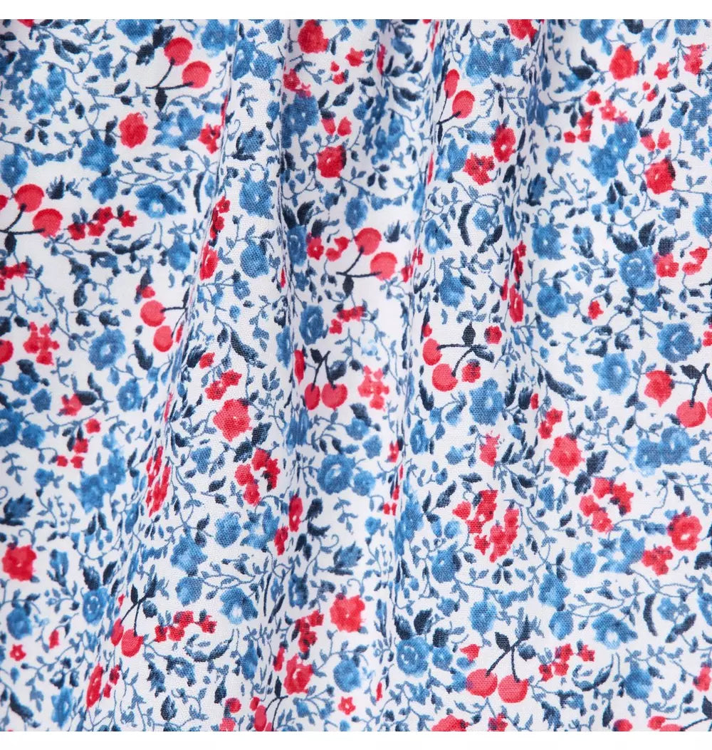 G W BLUE RED DITSY CHERRY FLORAL SS COLLAR DRESS