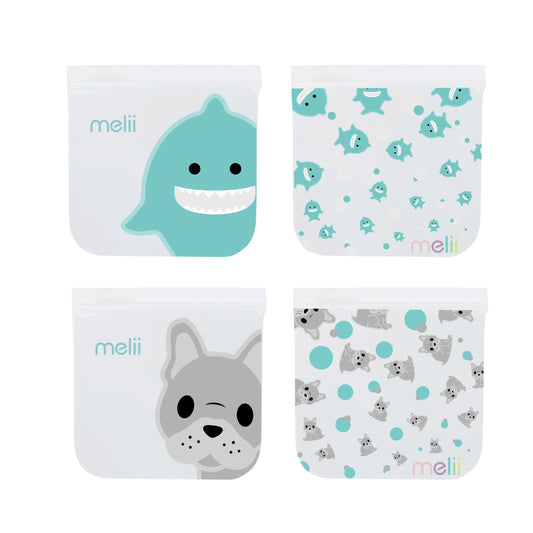 EVA Reusable Snack Bags - 2 Bulldog + 2 Shark - 4 Piece Set