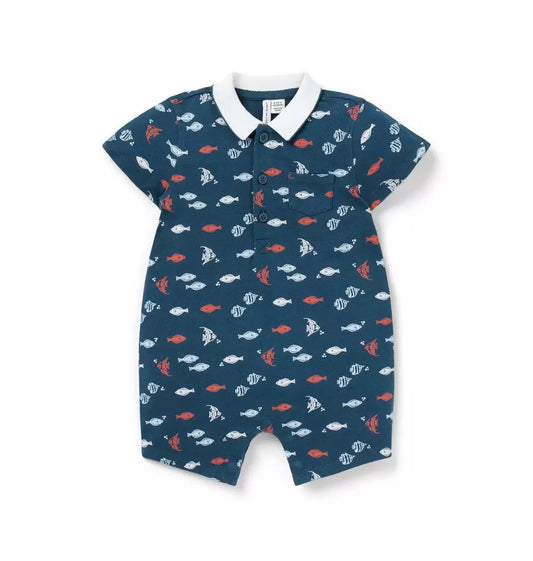 B K NAVY FISH SCHOOL POLO ROMPER SMR0
