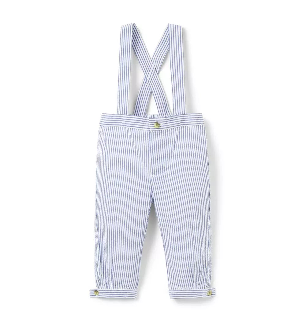 B W BLUE STRIPE SEERSUCKER PLEATED SUSPENDEF