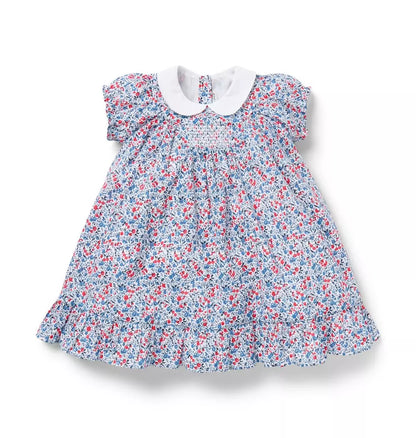G W BLUE RED DITSY CHERRY FLORAL SS COLLAR DRESS