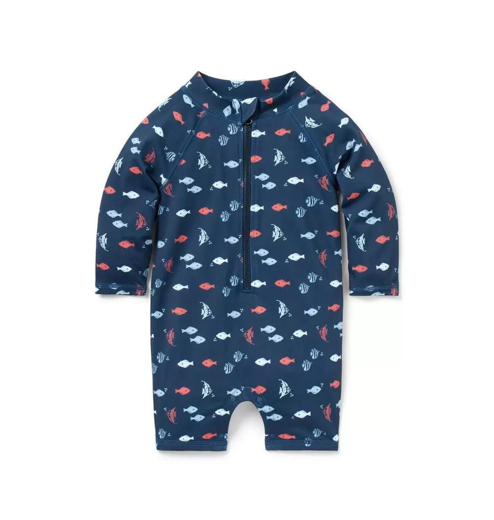 B K NAVY FISH SCHOOL LS 1PC RASHGUARD SWIM SM