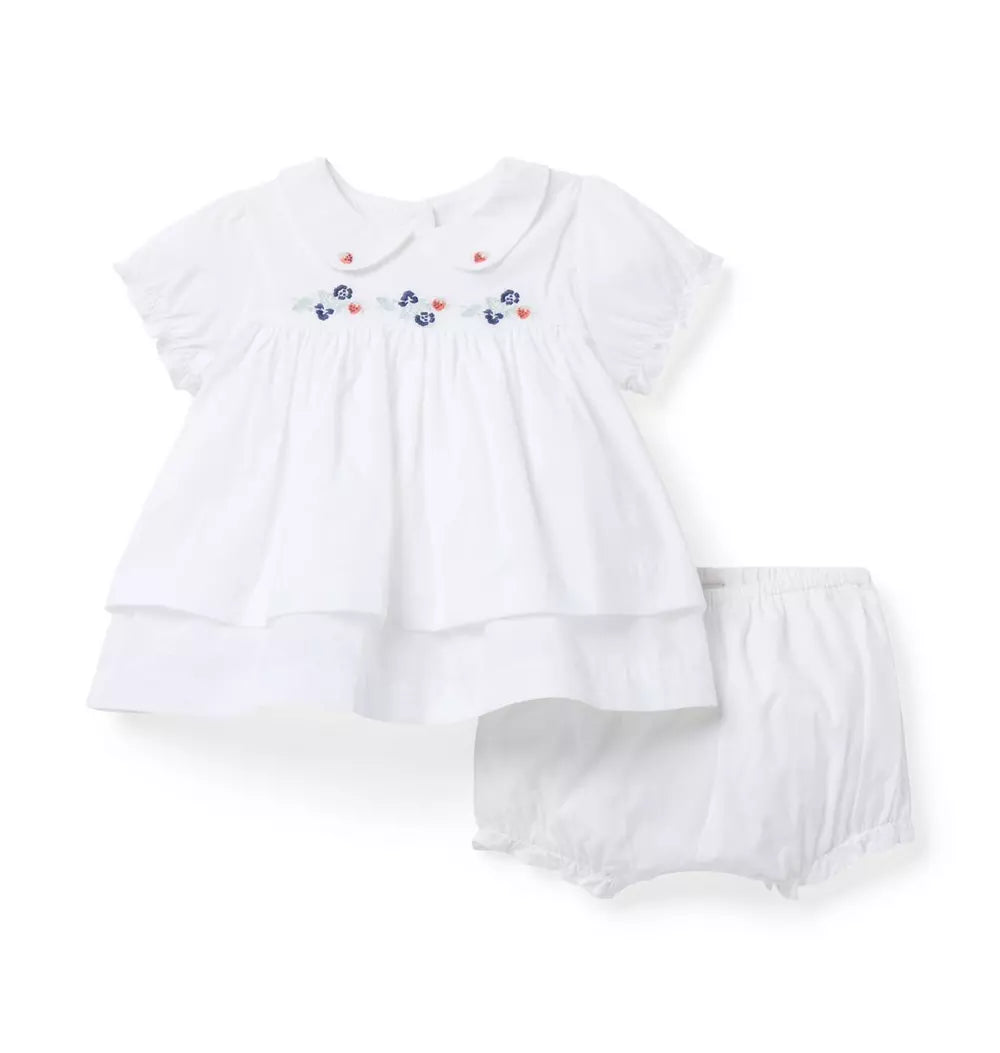 G W WHITE STRAWBERRY FLORAL EMBRD COLLAR SS
