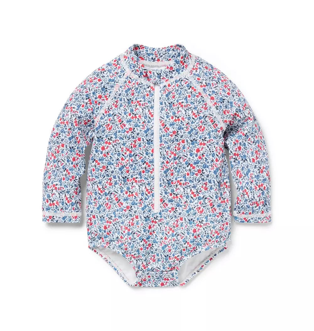 G K BLUE RED DITSY CHERRY FLORAL LS RASHGUARD