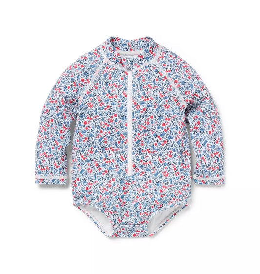 G K BLUE RED DITSY CHERRY FLORAL LS RASHGUARD
